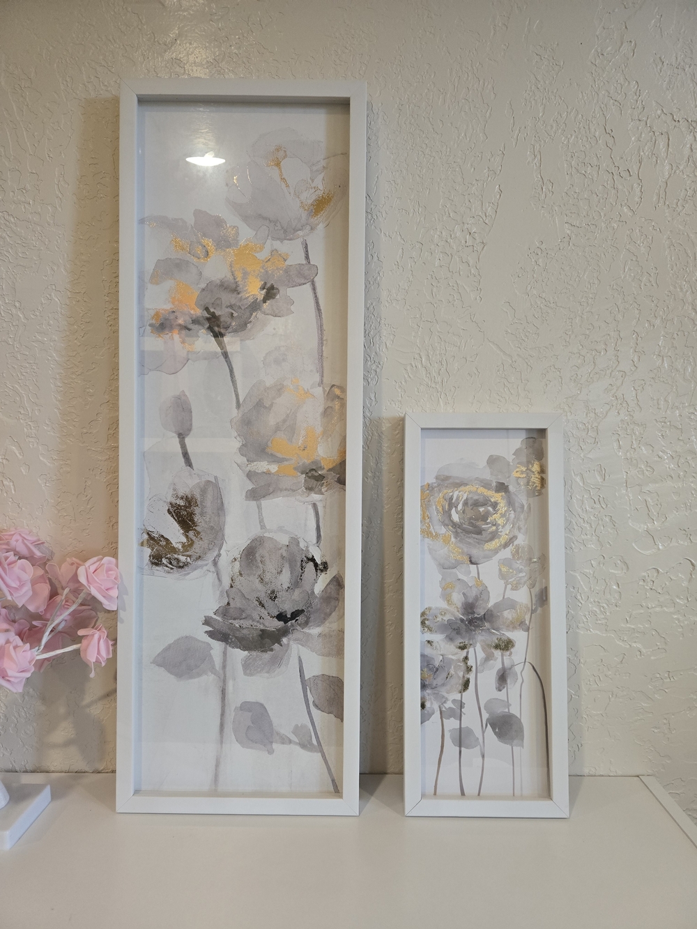 Framed Floral Wall Art Set in Gray and Gold - White Frame